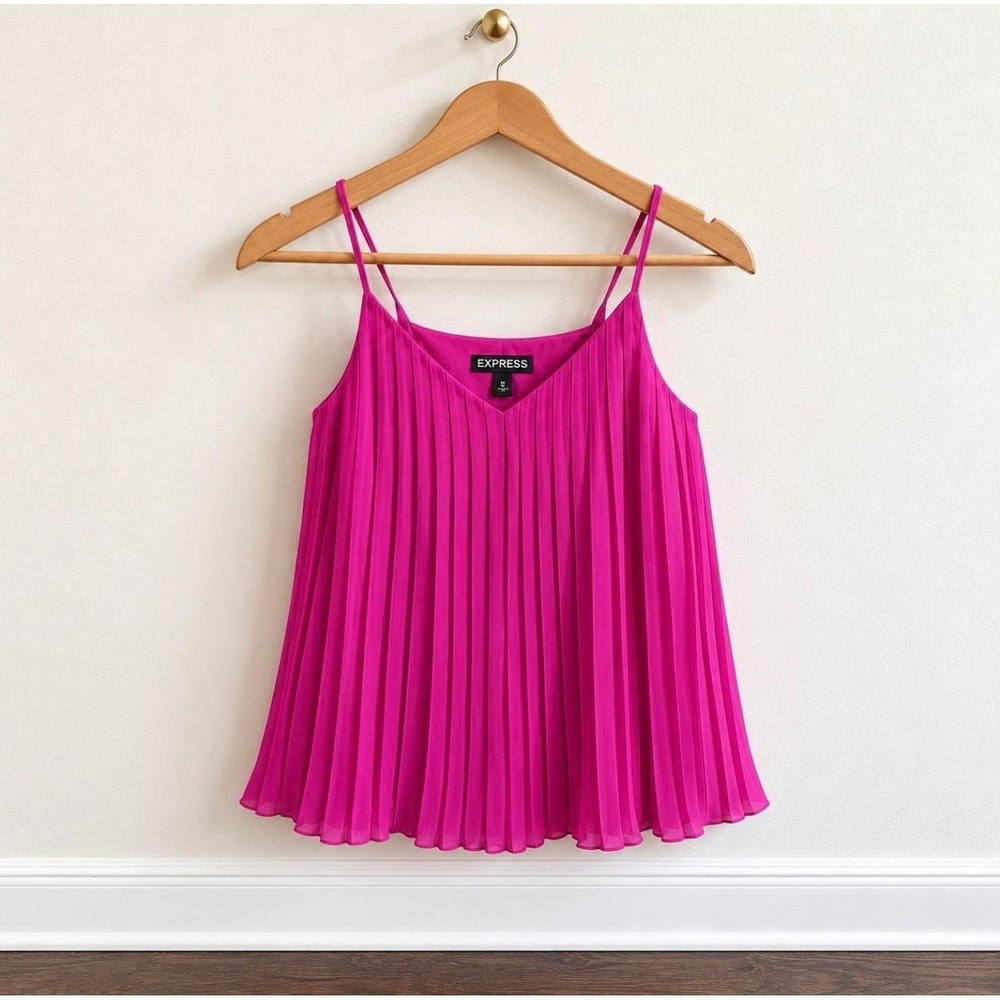 Express Magenta Pink Pleated V-Neck Cami Tank Top Adjustable Straps XS